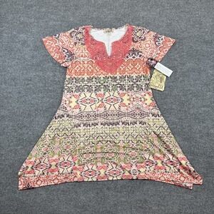 One World Top Women Small Coral Multi Pullover Hi Low Beads Crochet V-Neck Tunic